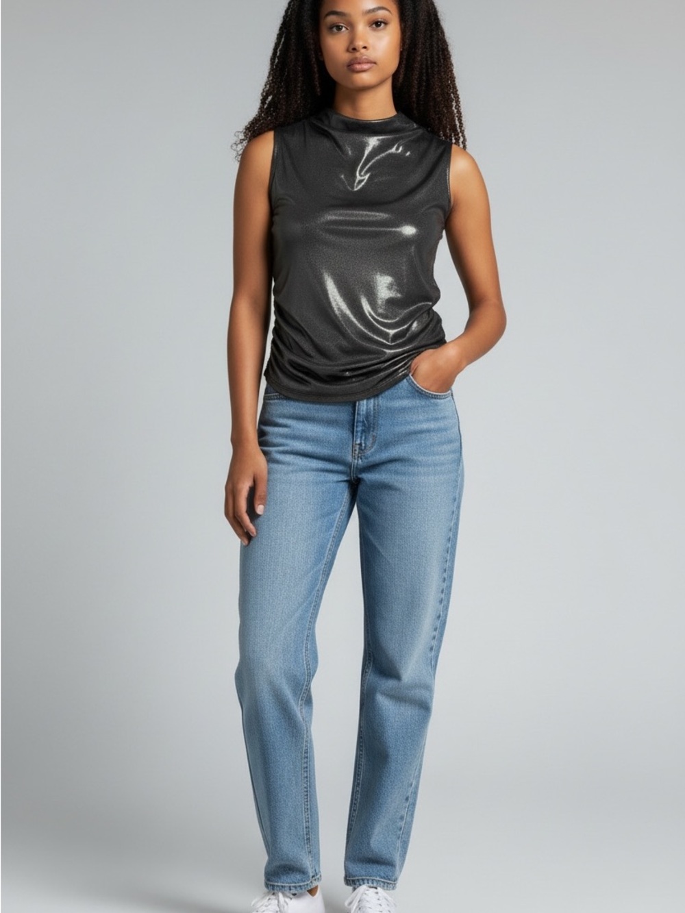 Express Metallic Black Sleeveless Drape-Neck Tank